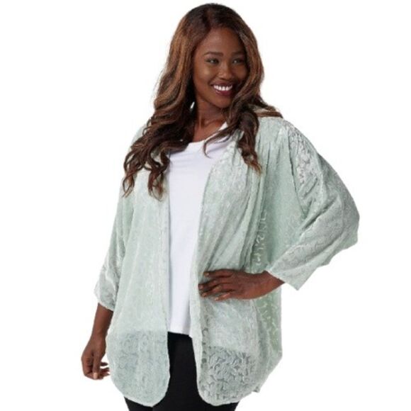 The Muses Closet Women Cardigan 3X Velvet Burnout Plus Floral Green Sage A391060 - Picture 1 of 6